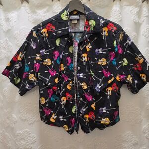 Roughrider by Circle T Vintage Guitar Print Western Tie Back Crop Shirt Black L